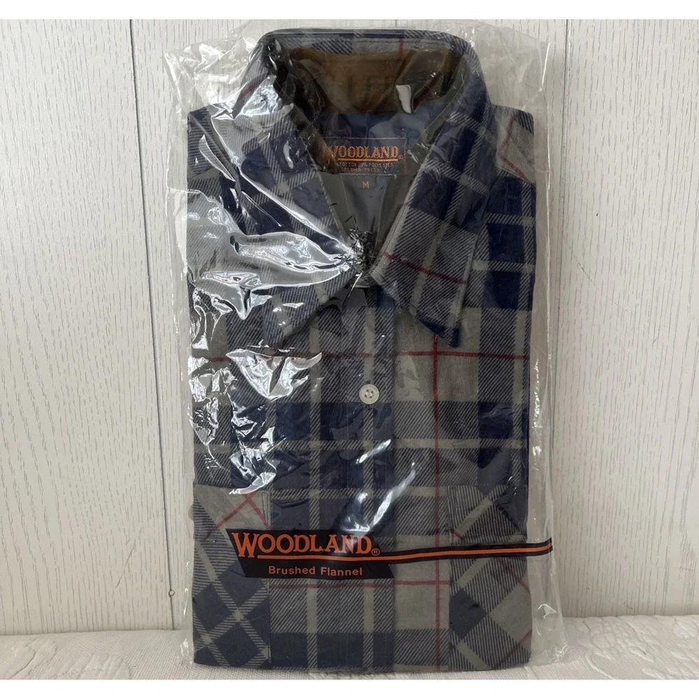 Vintage DEADSTOCK Woodland Brushed Flannel Plaid Perma Medium Blue Shirt Button